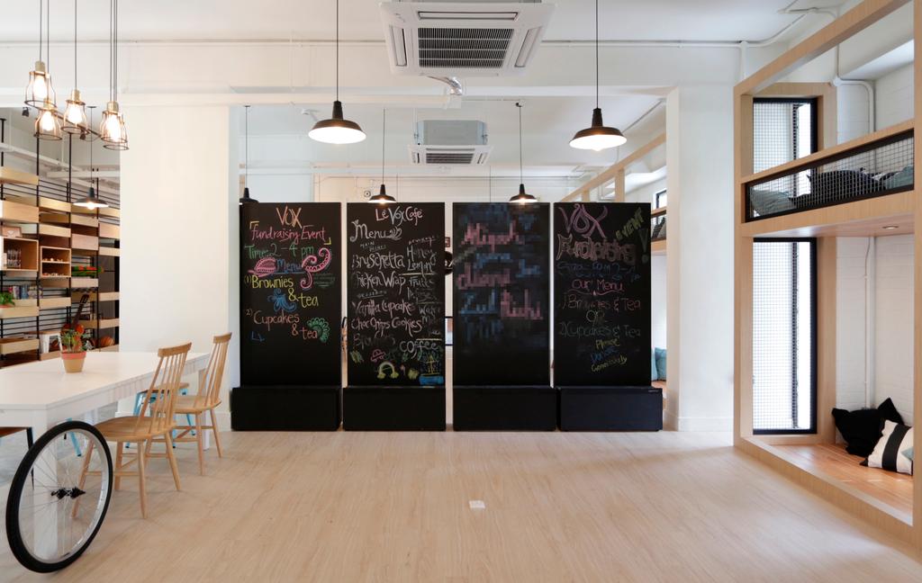 VOX Youth Centre, Commercial, Architect, EHKA Studio, Minimalist, Bedroom, Chalkboard Wall, Wood Floor, Wooden Flooring, Light Colours, Light Wood, Pendant Lamp, Hanging Lamp, Ceiling Cassette Aircon, Dining Table, Furniture, Table, Light Fixture, Flooring, HDB, Building, Housing, Indoors, Loft