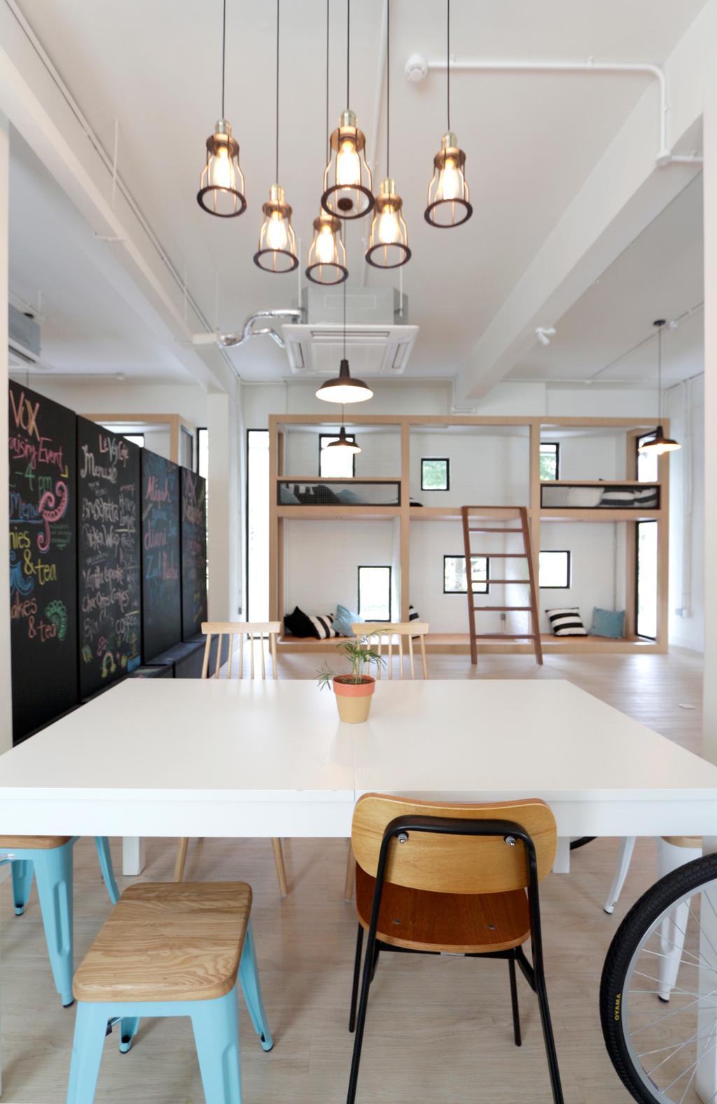 VOX Youth Centre, Commercial, Architect, EHKA Studio, Minimalist, Dining Room, Dining Table, White Table, Pendant Lamp, Hanging Lamp, High Ceiling, Blackboard, Indoors, Interior Design, Room, Flora, Jar, Plant, Potted Plant, Pottery, Vase