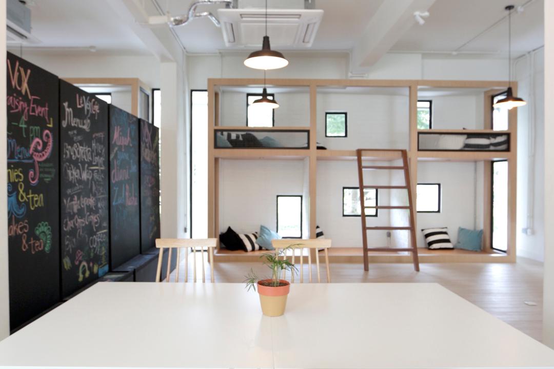 VOX Youth Centre, EHKA Studio, Minimalist, Dining Room, Commercial, Dining Table, White Table, Pendant Lamp, Hanging Lamp, High Ceiling, Blackboard, Indoors, Interior Design, Room, Flora, Jar, Plant, Potted Plant, Pottery, Vase