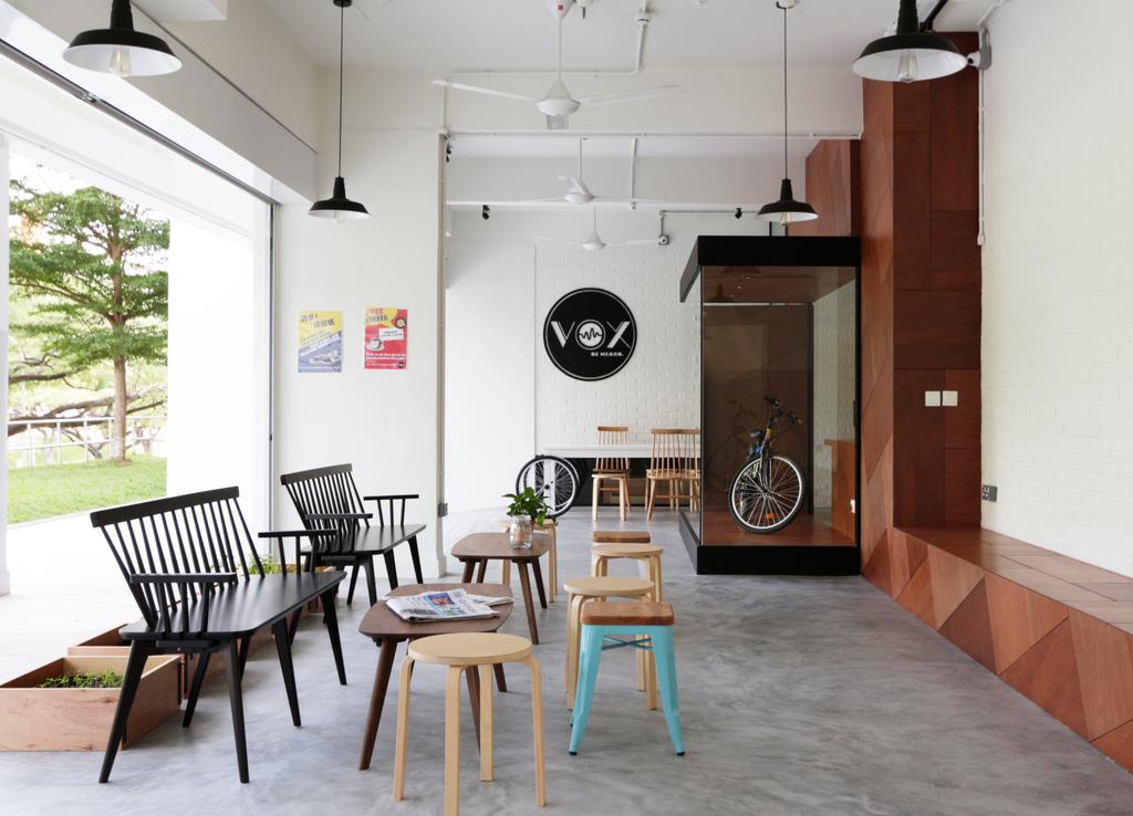 VOX Youth Centre, Commercial, Architect, EHKA Studio, Minimalist, Stools, Chairs, Concrete Floor, Pendant Lamp, Hanging Lamp, Outdoor Seating Area, Chair, Furniture, Dining Room, Indoors, Interior Design, Room, Dining Table, Table