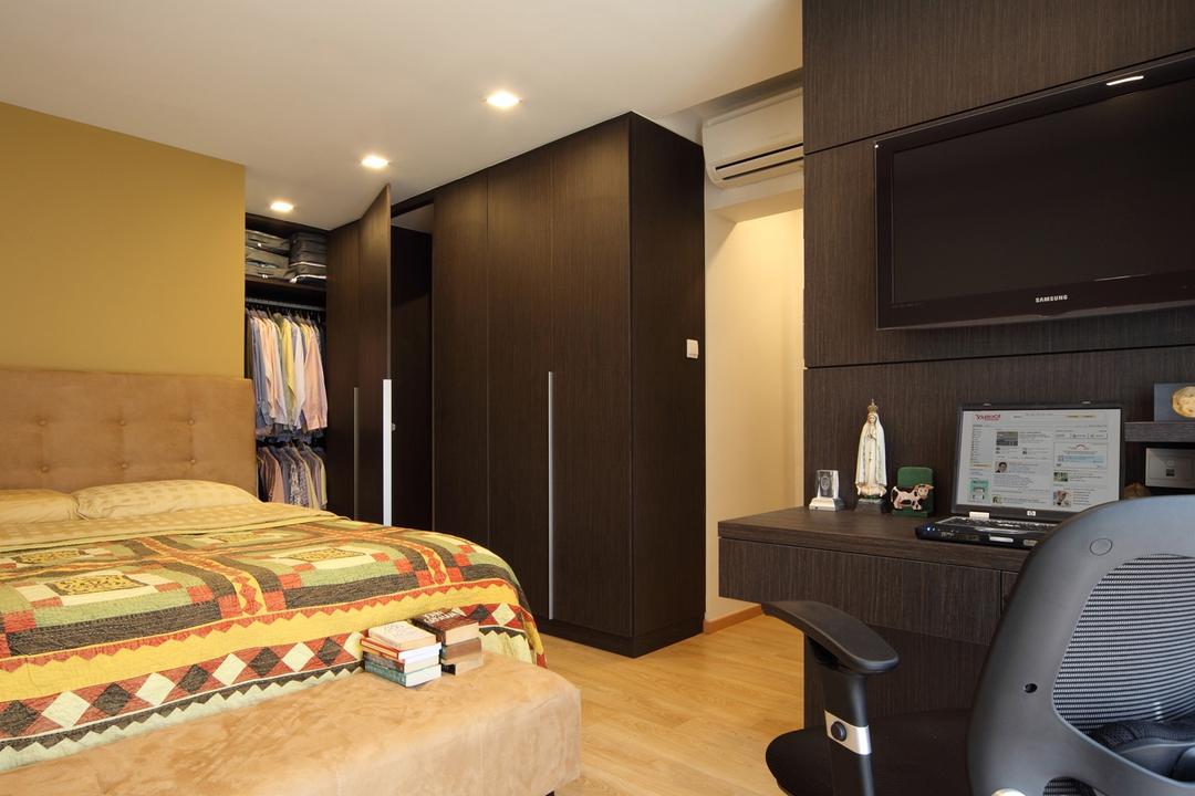 Tampines Street 47, Chapter One Interior Design, Transitional, Bedroom, HDB, Master Bedroom, Parquet, Bench, Foot Rest, Footstool, Headboard, Quilted Headboard, Tufted Headboard, Wood Laminate, Wood, Laminate, Table, Wardrobe, Closet, Bed, Furniture, Building, Housing, Indoors