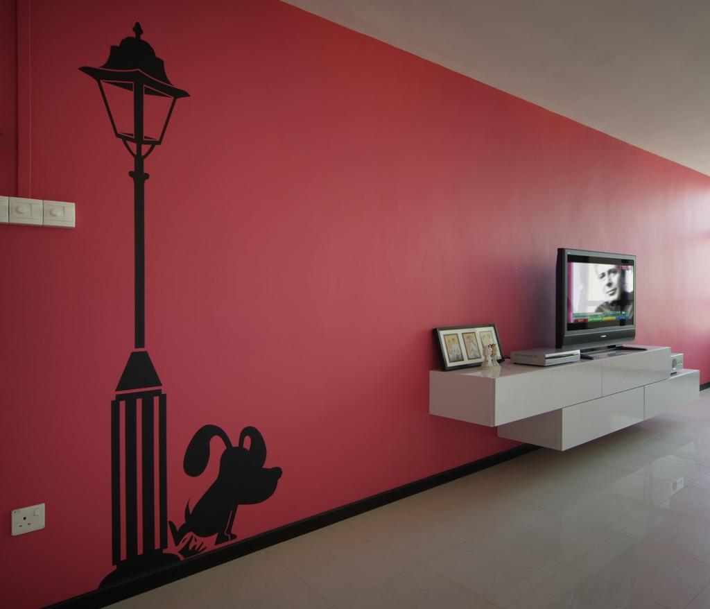 Contemporary, HDB, Living Room, Jurong West (Block 677B), Interior Designer, Chapter One Interior Design, Pink, Tv Console, White, Wall Sticker, Wall Art, Tile, Tiles, Indoors, Interior Design, Electronics, Monitor, Screen, Tv, Television, Art, Art Gallery, Silhouette