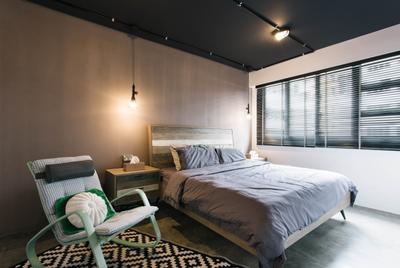 MacPherson Residency, Free Space Intent, Industrial, Bedroom, HDB, Bed Frame, Bed Ledge, Hanging Lamp, Bedside Table, Lounge Chair, Retro, Cushion, Cute Cushion, Kuek Cushion, Dark Colours, Chair, Furniture, Bed