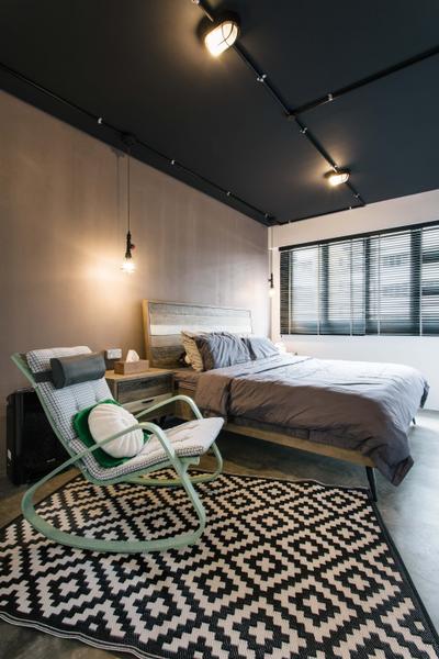 MacPherson Residency, Free Space Intent, Industrial, Bedroom, HDB, Chevron Rug, Chevron Prints, Prints, Patterns, Patterned Rug, Chair, Furniture, Couch, Indoors, Interior Design, Room, Building, Housing, Bed