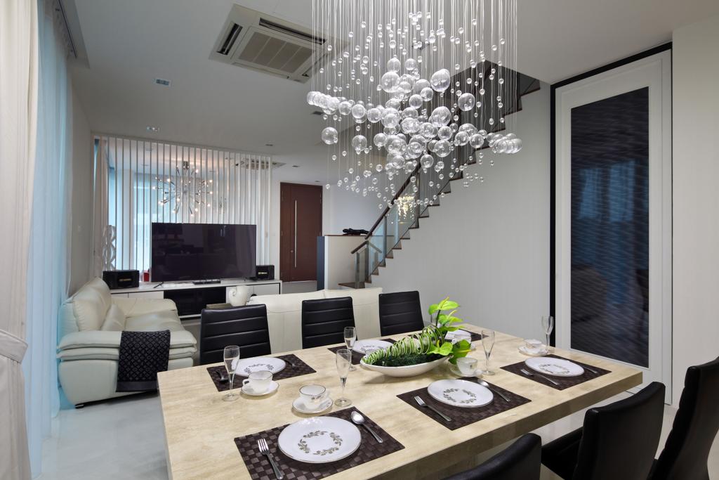 Contemporary, Landed, Dining Room, Lorong Salleh (Block 16A), Interior Designer, The Scientist, Modern, Tableware, Dining Table, Marble Table, Dining Chairs, Crystal Lights, Posh, Expensive, Luxurious, Indoors, Interior Design, Room, Furniture, Table