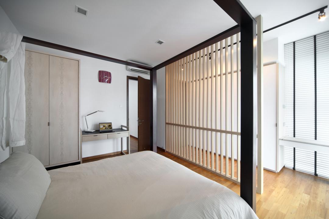 Lorong Salleh (Block 16A), The Scientist, Contemporary, Modern, Bedroom, Landed, Partition, Neutral Colours, Simple Colours, Wardrobe, White And Wood, White And Brown, Blinds, Venetian Blinds, Desk, Furniture, Table, Indoors, Interior Design, Room, Flooring