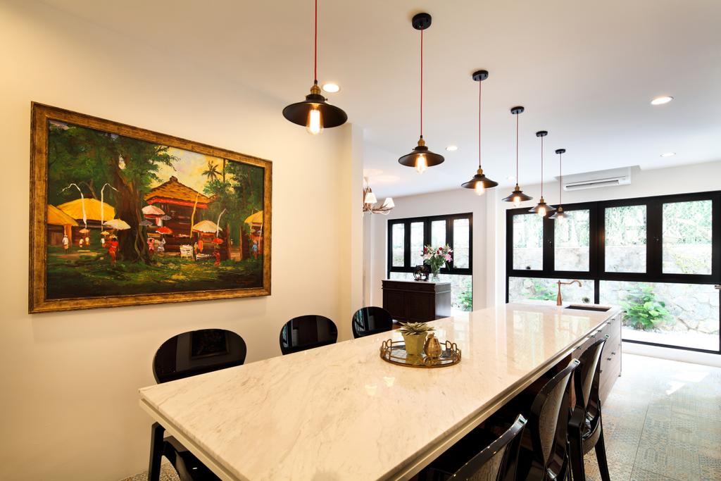 Contemporary, Landed, Dining Room, Chu Lin Road, Interior Designer, The Scientist, Marble Top, Dining Table, 6 Seater, Six Seater, Artwork, Painting, Pendant Lights, Vintage Lamps, Indoors, Interior Design, Room, Furniture, Table, Art
