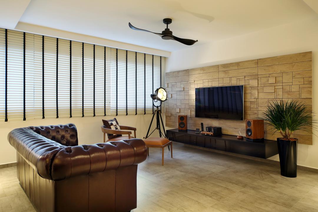 Bedok North, The Scientist, Industrial, Living Room, HDB, Venetian Blinds, Chesterfield, Brown Chesterfield, Vintage Sofa, Caged Lamp, Armchair, Craftstone, Uneven Wall, Textured Wall, Potted Plant, Wood, Resort, Shades Of Brown, Warm Lightings, Couch, Furniture, Indoors, Interior Design, Flora, Jar, Plant, Pottery, Vase