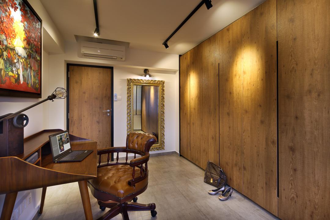 Bedok North, The Scientist, Industrial, Study, HDB, Wood Laminate, Recycled Wood, Office Chair, Vintage Chair, Leather Chair, Vintage Desk, Work Desk, Wall Mirror, Big Mirror, Trackies, Brown, Shades Of Brown, Masculine, Vintage, Chair, Furniture, Indoors, Room, Dining Room, Interior Design
