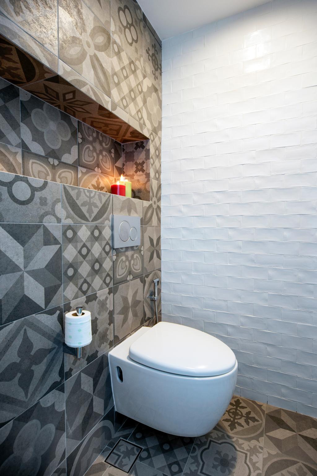 Minimalist, Condo, Bathroom, Amber Gardens, Interior Designer, The Scientist, Tiles, Grey Tiles, Patterned Wall, Uneven Texture, Monochrome, Water Closet, Toilet Bowl, Ledge, Human, People, Person, Candle
