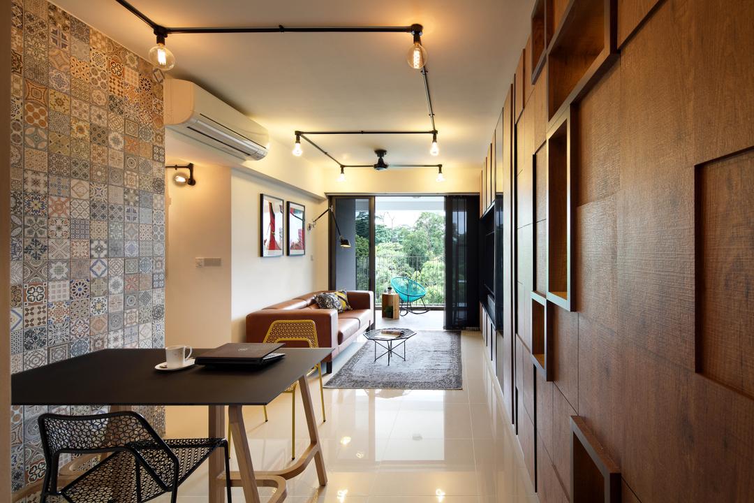 Adora Green (Block 348D), The Scientist, Eclectic, Industrial, Dining Room, HDB, Patterned Tiles, Patterned Wall, Entrance, Hallway, Narrow Layout, Linear Layout, Mismatched Chairs, Chair, Furniture, Indoors, Room, Interior Design