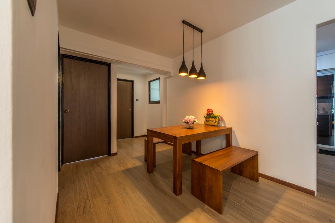Anchorvale Lane (Block 312A), Starry Homestead, Minimalist, Dining Room, HDB, Dining Table, Wood, Woody, Bench, Pendant Lamp, Hanging Lamp, Industrial Style Lamp, Warm Lights, Warm Lighting, Furniture, Table, Flooring
