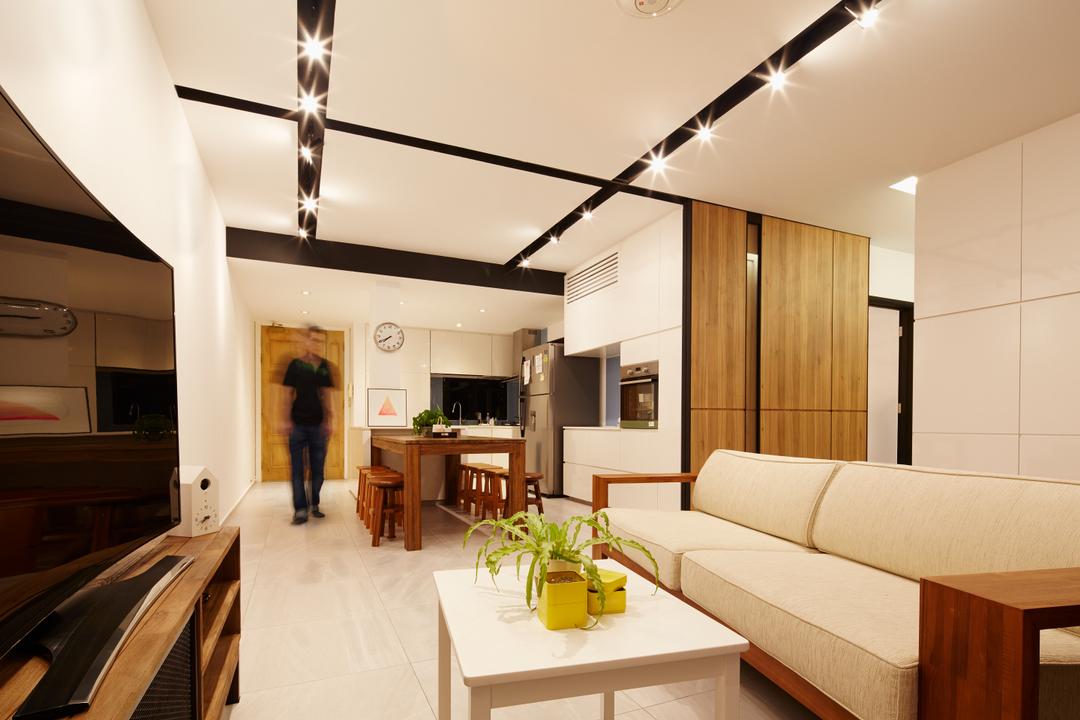 Heritage View, asolidplan, Minimalist, Scandinavian, Living Room, Condo, False Ceiling, Brown Tv Console, Tv Console, Open Concept Kitchen, Potted Plants, Brown Coffee Table, White Track Lights, Black And White Ceiling, White Coffee Table, Black Track Lights, Couch, Furniture, Indoors, Interior Design