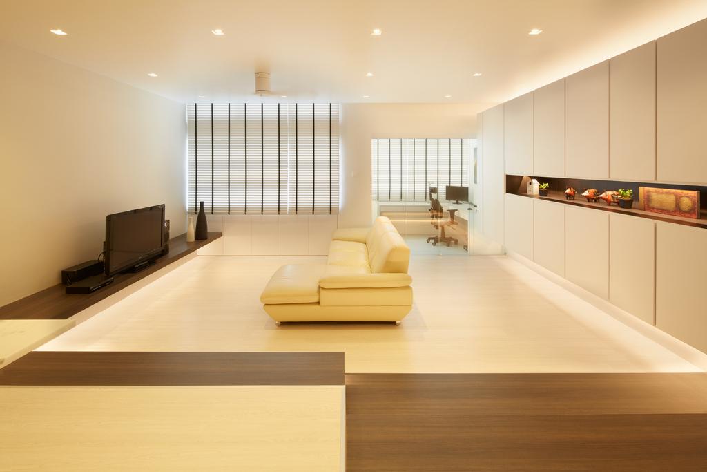 Minimalist, Condo, Living Room, King's Mansion, Architect, asolidplan, Modern, Simple Living, Simple And Functional, Warm Lights, Brown And White, Sectional Sofa, Venetian Blinds, Console Lights, Indoors, Interior Design, Flooring
