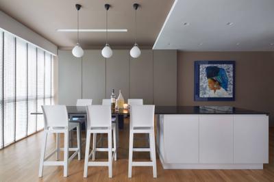 One Shenton, asolidplan, Contemporary, Dining Room, Condo, Natural Lightings, Spacious Dining, Simple And Functional Dining, Island, Brown Wall, Venetian Blinds, Bar Stool, Furniture, Indoors, Interior Design, Room, Dining Table, Table, HDB, Building, Housing, Loft