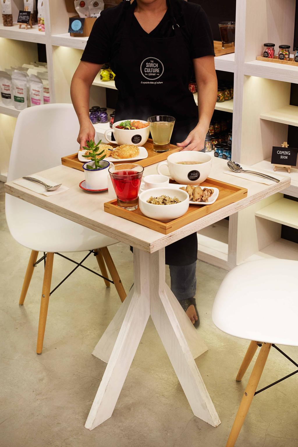 Snack Culture, Commercial, Architect, asolidplan, Modern, White Dining Table, Small Dining Table, Small White Dining Table, White Chair, White Chair With Wooden Legs, Cup, Bowl, Dining Table, Furniture, Table, Breakfast, Food, Meal