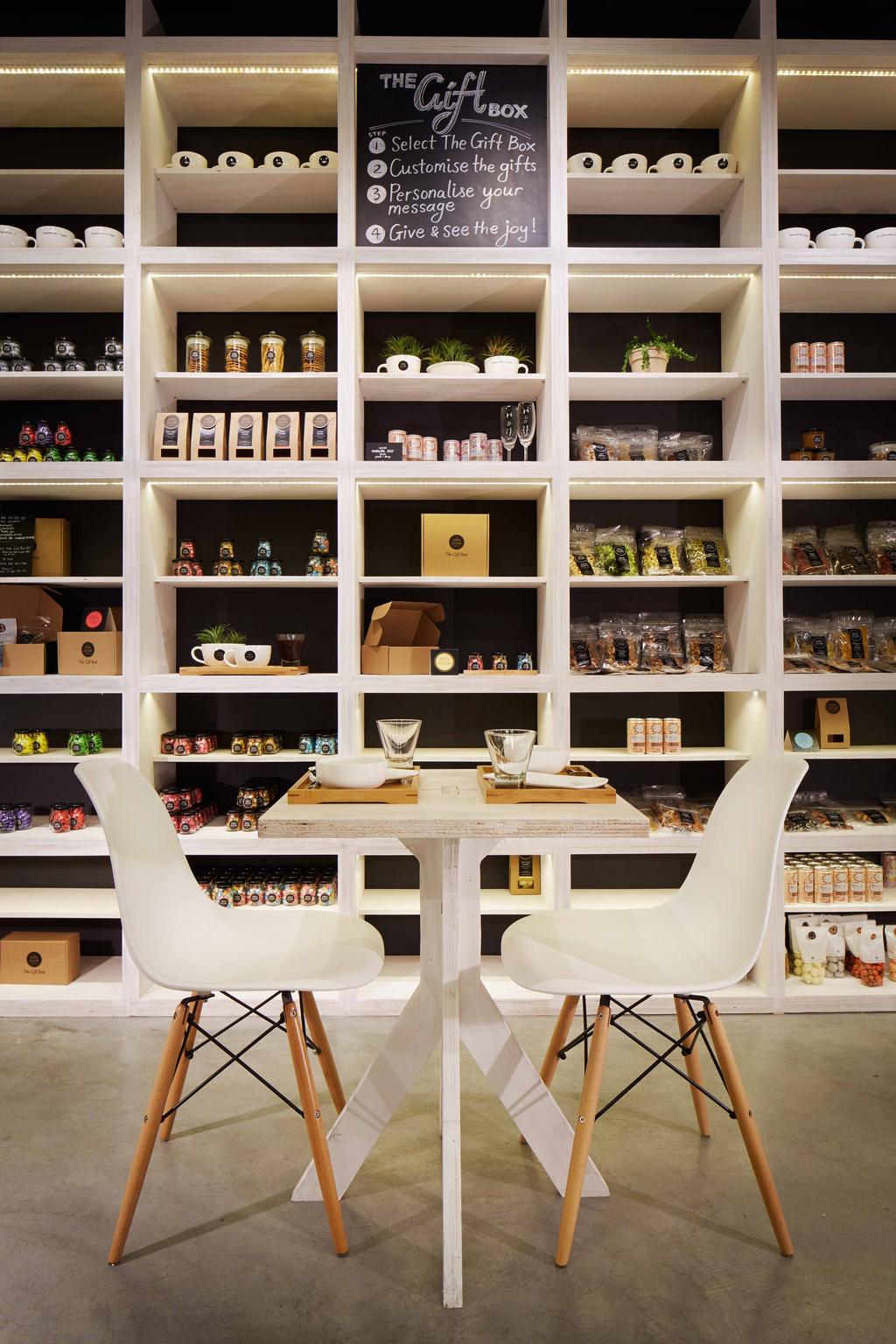 Snack Culture, Commercial, Architect, asolidplan, Modern, Minimalist, Simple Dining, Tall White Shelving, Tall White Shelves, Couple Dining Table, Shop