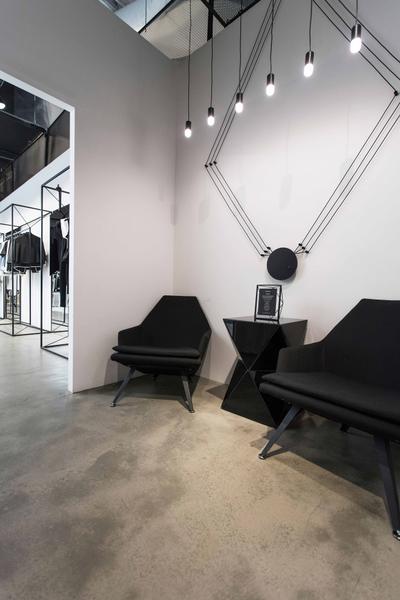 Revolte Flagship Store, asolidplan, Minimalist, Commercial, Waiting Area, Shop Waiting Area, Downlights, Cement Screeding Wall, Cement Screeding Floor, Black Downlights, Wall Art, Black Chair, Door, Revolving Door, Chair, Furniture, Couch