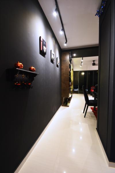 Bedok, NID Design Group, Modern, Living Room, HDB, Walkway, Hallway, Black Wall, Dark Wall, Track Lighting
