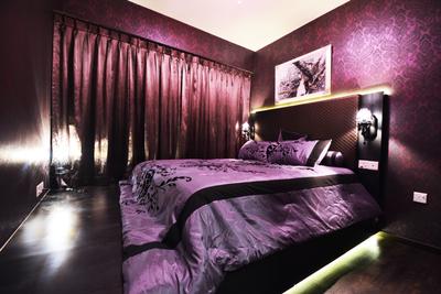 Bedok, NID Design Group, , Bedroom, , Strong Colours, Under Cabinet Lighting, Purple, Wallpaper, Purple Bedroom, Dark Colours, Purple Wall, Platform, Dark Purple, Curtains, Platform Bed