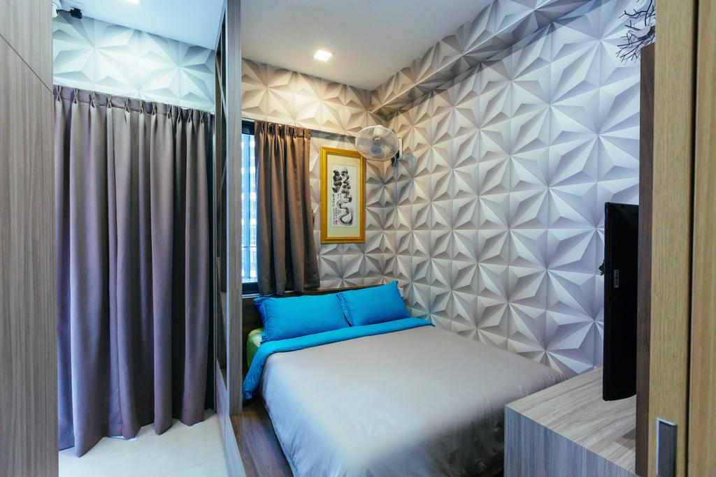 Eclectic, Condo, Bedroom, Boathouse Residence, Interior Designer, NID Design Group, Wallpaper, Textured Wall, Blue, Silver, Blue Room, Curtains, Grey Curtain, Painting, Blue And Grey