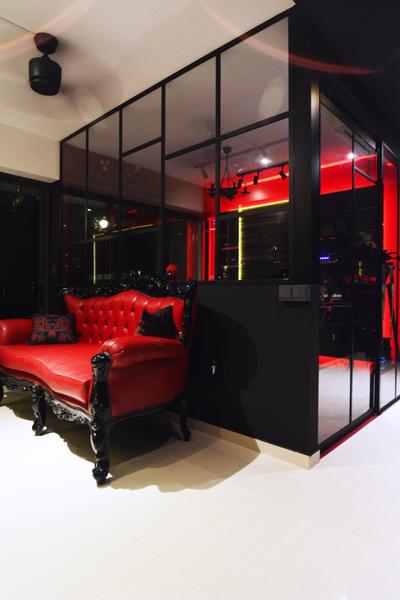 Bedok, NID Design Group, Modern, Living Room, HDB, Sofa, Red Sofa, Couch, Red Furniture, Glass Door, Black Trimmings, Glass, Hacked Wall, Hacked Study Room, Black And Red
