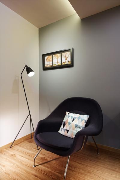 Boon Tiong Road (Block 10A), The Local INN.terior 新家室, Minimalist, Scandinavian, Bedroom, HDB, Standing Lamp, Wooden Floor, White Wall, Picture Frames, Photo Frame, Cosy Corner, Grey Wall, Ceiling Mounted Lights, Indoors, Interior Design, Room
