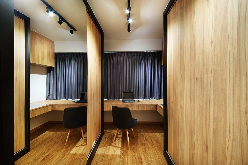 Minimalist, HDB, Study, Boon Tiong Road (Block 10A), Interior Designer, The Local INN.terior 新家室, Scandinavian, Black Track Lights, Wooden Floor, Study Area, Wooden Walls, Large Mirror, Study Chair, Sling Curtain, Wall Mounted Wooden Study Table, Indoors, Interior Design, Room, Chair, Furniture