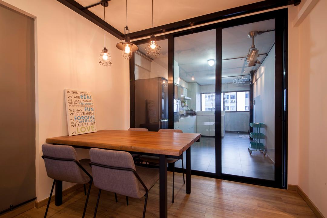 Ang Mo Kio (Block 404), Corazon Interior, Industrial, Dining Room, HDB, Dining Table, Dining Chairs, Pendant Lamp, Hanging Lamp, Exposed Bulb Lamp, Kitchen Door, Sliding Door, Glass Partition, Glass Door, Black Framed Doors, Chair, Furniture, Table, Indoors, Interior Design, Room
