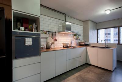 Ang Mo Kio (Block 404), Corazon Interior, Industrial, Kitchen, HDB, Kitchen Cabinetry, Kitchen Storage, Oven, Subway Tiles, White Tiles, White Cabinet, Kitchen Appliances, Tile Grout, L Shaped Layout, Service Yard, Indoors, Interior Design, Room