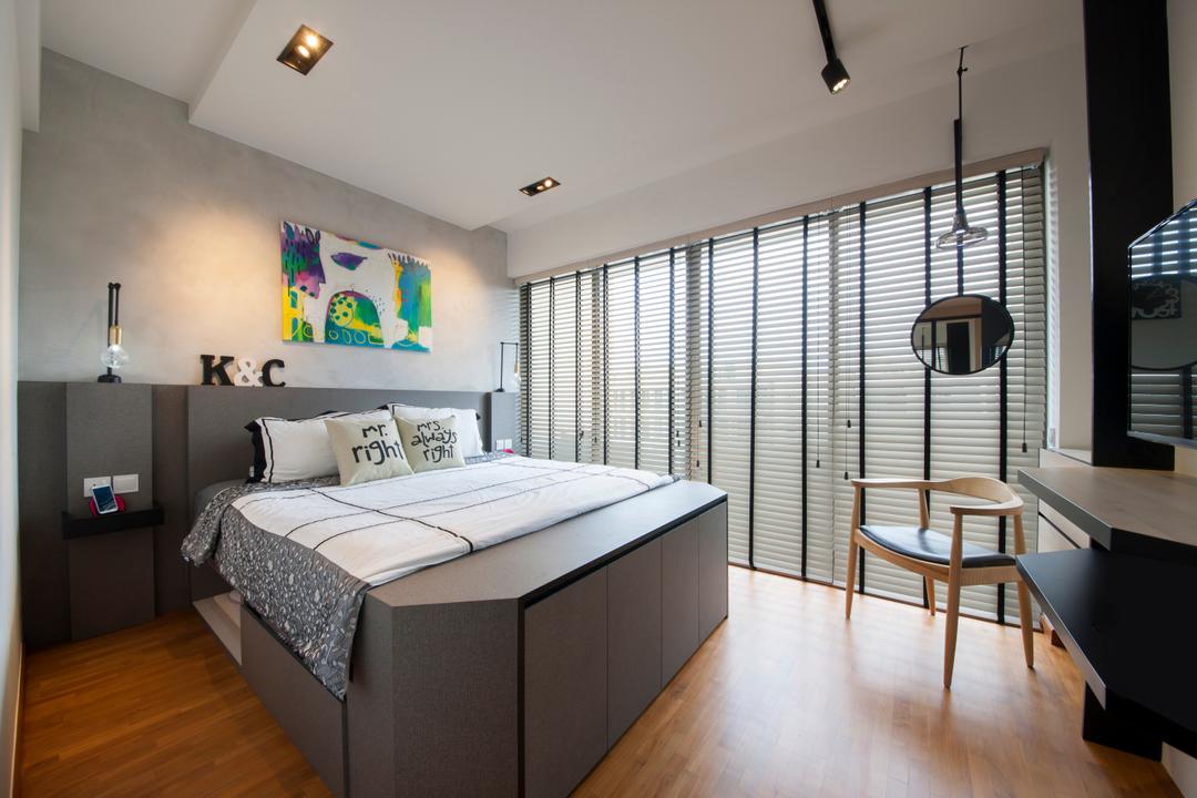 Parc Vera, Habit, Contemporary, Bedroom, Condo, Grey, Grey Wall, Blinds, Venetian Blinds, Painting, Wall Decor, Platform, Bulky Platform, Platform Bed, Gray, Chair, Pencil Leg, Bed, Furniture, Dining Table, Table