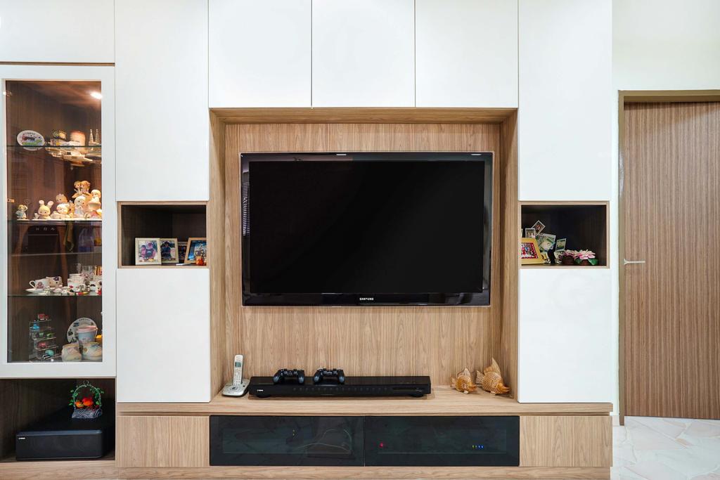 Minimalist, HDB, Living Room, Pasir Ris (Block 487), Interior Designer, Cozy Ideas, White And Wood, Tv Feature Wall, Tv Console, Recessed Shelf, Display Cabinet, Tv, Feature Wall, Electronics, Entertainment Center, Lcd Screen, Monitor, Screen
