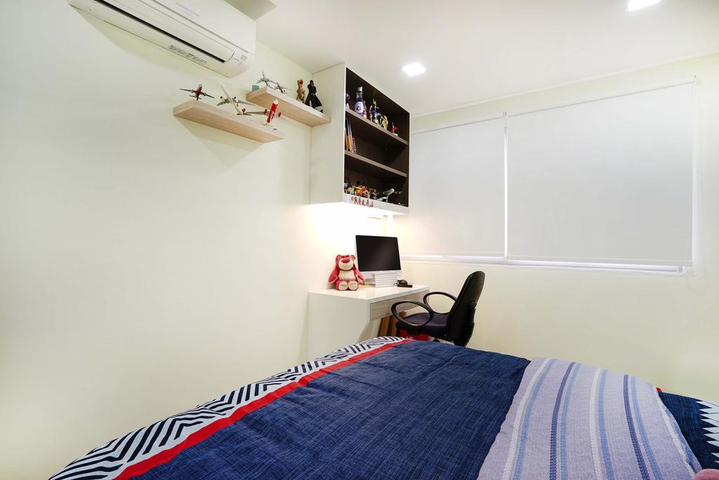Minimalist, HDB, Bedroom, Pasir Ris (Block 487), Interior Designer, Cozy Ideas, Study Table, Office Chair, Top Cabinet, Wall Ledge, Wall Shelf, Shelf