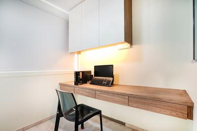 Pasir Ris (Block 487), Cozy Ideas, Minimalist, Study, HDB, Study Table, Laptop, Chair, Black Chair, Roller Blinds, Blinds, Under Cabinet Lighting, Top Cabinet, Computer, Electronics, Pc, Furniture, Dining Table, Table
