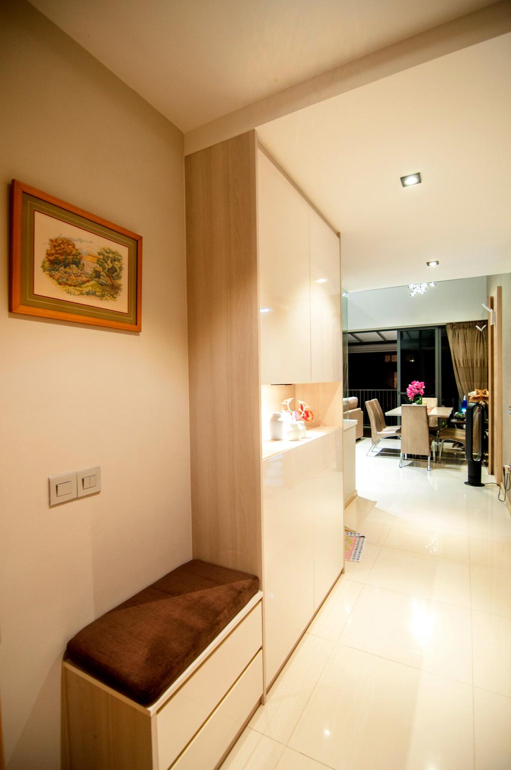 Contemporary, Condo, Living Room, Blossom Residences (Block 30), Interior Designer, IdeasXchange, Bench Cabinet, Shoe Cabinet, Bench, Painting, Wall Frames, Cabinetry, Light Wood, White Kitchen Cabinets, Walkway, Entryway, Dining Table, Furniture, Table, Art, Dining Room, Indoors, Interior Design, Room, Flooring