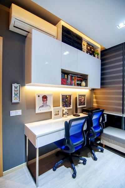 Blossom Residences (Block 30), IdeasXchange, Contemporary, Study, Condo, Study Table, Office Chair, Work Station, Work Area, Under Cabinet Lighting, Wall Frames, Photo Frame, Top Cabinet, Shelves, Cabinetry, Aircon, Human, People, Person, Indoors, Interior Design
