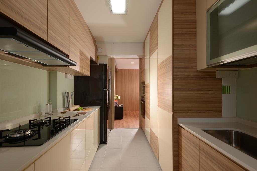 Contemporary, HDB, Kitchen, Anchorvale Street, Interior Designer, Eight Design, Kitchen Cabinets, Cabinetry, Exhaust Hood, Stove, Narrow Space, Light Wood, Kitchen Sink