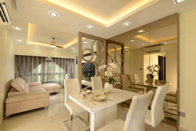 Punggol Central, Eight Design, , Dining Room, , Dining Table, Dining Chairs, White Table, White Chair, White Furniture, Mirror, Dining Room Mirror, Partition, Cove Lighting, Downlights, L Shaped Sofa, Sectional Sofa, Aircon, Curtains, Light Colours