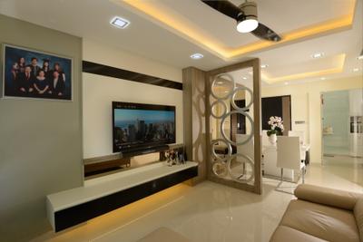 Punggol Central, Eight Design, Modern, Living Room, HDB, Partition, Ceiling Fan With Lamp, Tv Console, Floating Console, Photo Frame, Wall Frames, Cove Lighting