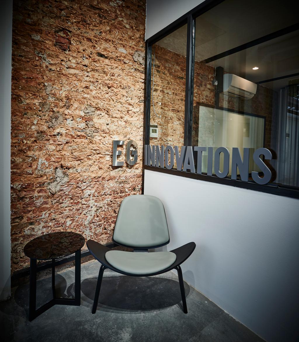 Neil Road, Commercial, Interior Designer, R+R Design Studio, Industrial, Office Entrance, Showroom Entrance, Glass Windows, Showroom Waiting Area, Office Waiting Area, Small Table, Small Black Table, Side Table, Chair, Unique Chair, Raw Bricks, Brick Feature Wall, Red Brick Wall, Furniture