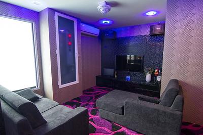 Andrew Road, NID Design Group, , Living Room, , Sofa, Couch, Grey Sofa, Dark Room, Coloured Lighting, Wallpaper