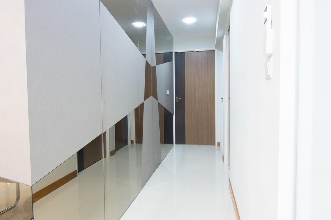 Sengkang East Road, NID Design Group, Transitional, Living Room, HDB, Walkway, Hallway, Reflective Panels, Mirror Panels
