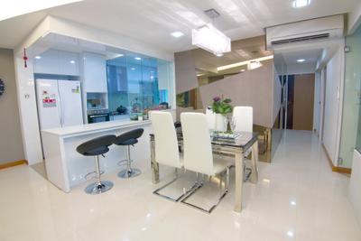 Sengkang East Road, NID Design Group, Transitional, Dining Room, HDB, Dining Table, Dining Chairs, White Chair, Bar Stool, Kitchen Stools, Kitchen Countertop, White Countertop, White Kitchen, Kitchen Cabinets, White Refrigerator, White Cabinet
