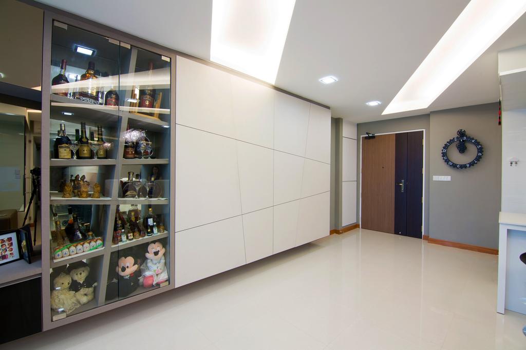 Transitional, HDB, Living Room, Sengkang East Road, Interior Designer, NID Design Group, Display Cabinet, Collectibles, Collection, Figurines, Toys, Liquor, Liquor Collection, Door