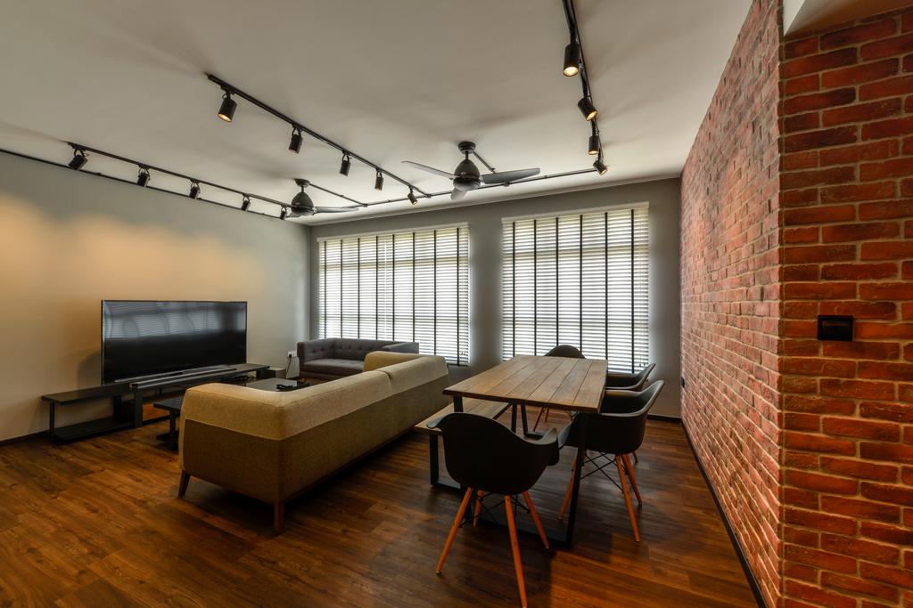 Industrial, HDB, Living Room, Keat Hong Axis, Interior Designer, Voila, Dining Table, , Eames Chairs, Dsw Chair, Rustic, Brick Wall, Red Brick Wall, Track Lighting, Woody, Hardwood, Wood, Building, Housing, Indoors, Loft, Furniture, Table, Chair, Brick