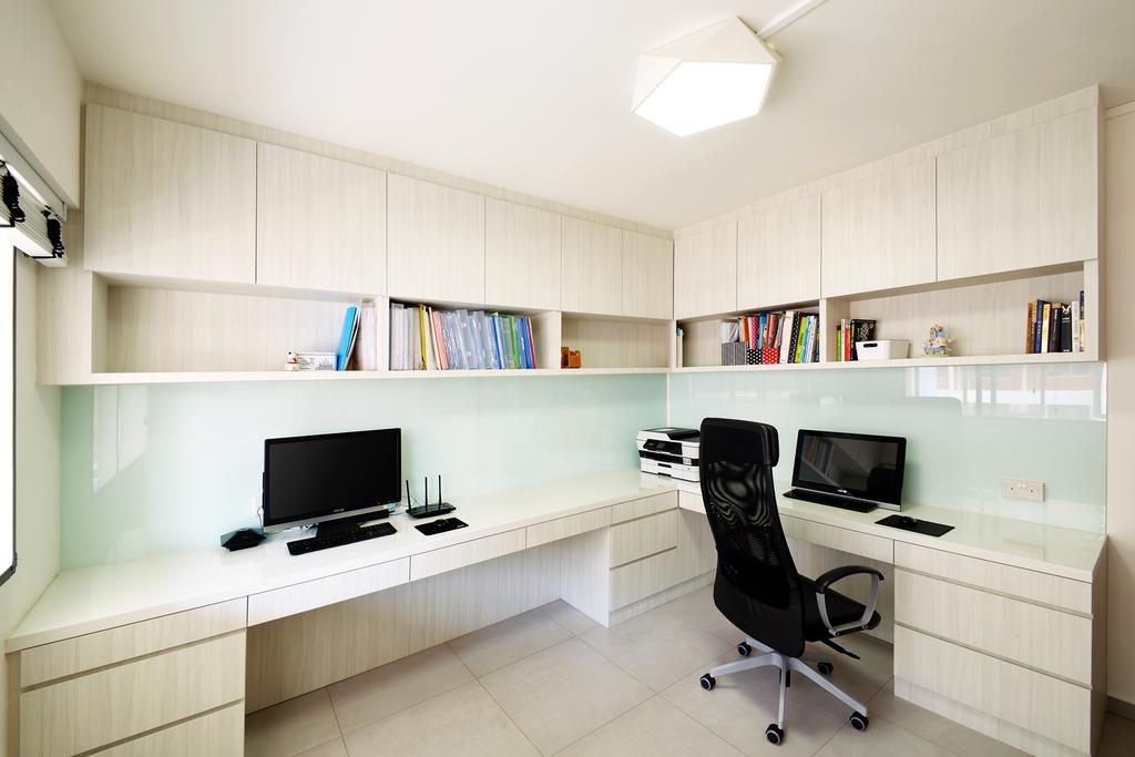 Minimalist, HDB, Study, Toh Yi Drive, Interior Designer, Design 4 Space, Contemporary, Study Table, Computer Desk, Office Chair, Work Station, Work Desk, Laptop, Cabinetry, Top Cabinet, Bookshelf, Books, Shelf, Chair, Furniture, Electronics, Lcd Screen, Monitor, Screen