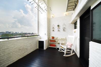 Toh Yi Drive, Design 4 Space, Minimalist, Contemporary, Balcony, HDB, White Brick, Red Brick Wall, White Furniture, Plant Rack, Flower Rack, Chair, Rocking Chair, Potted Plants, Furniture, Indoors, Interior Design