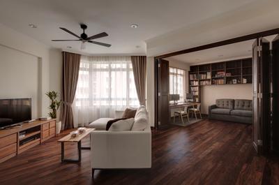 Blossomvale, Space Atelier, Scandinavian, Living Room, Condo, Sliding Door, Sliding Divider, Sofa, Brown Coffee Table, Wood Flooring, Brown, Wood Accents, Curtains, Day Curtain, Bookcase, Couch, Furniture, Hardwood, Wood, Clock, Wall Clock, Dining Room, Indoors, Interior Design, Room