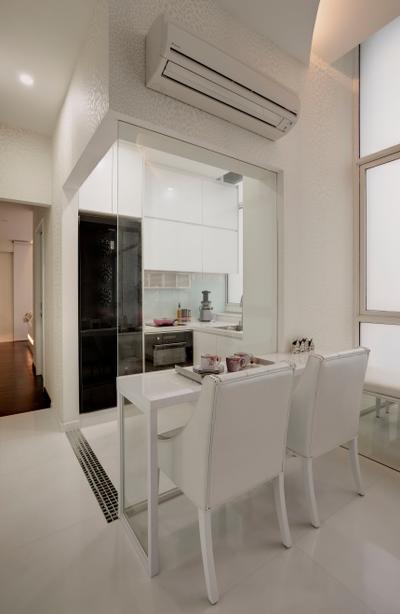 Casa Fortuna, Space Atelier, Modern, Dining Room, Condo, Glass Wall, Table, White Kitchen Cabinets, Dining Table, Wallpaper, Black, Marble Tiles, Chair, Safari, White, Appliance, Electrical Device, Oven, Sink