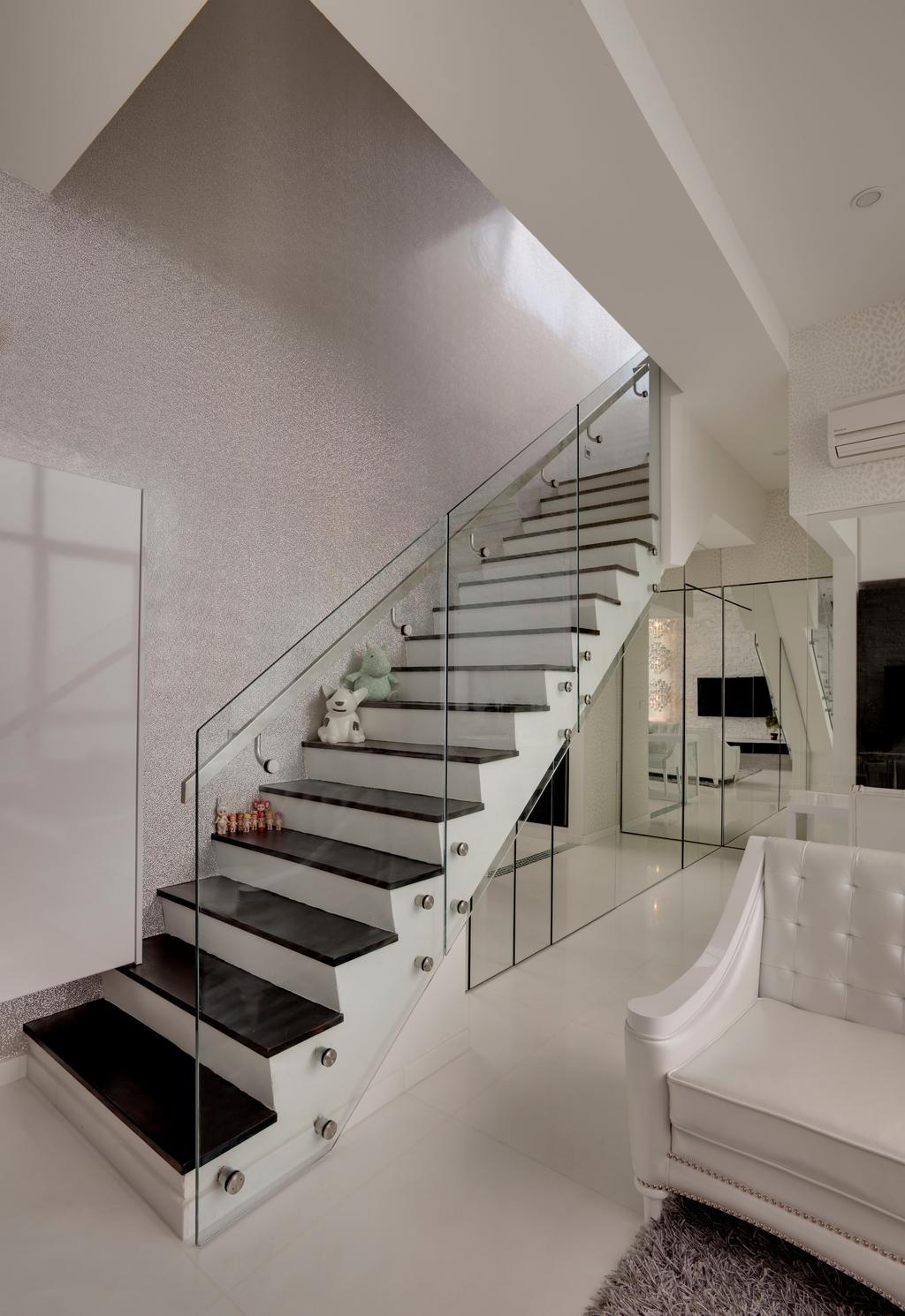 Modern, Condo, Living Room, Casa Fortuna, Interior Designer, Space Atelier, Stairs, White, Railing, Staircase, Mirror, Glass Railing, Wallpaper, Full Length Mirror, Rug, Quilted, Handrails, Marble Tiles, Sofa, Banister, Handrail, Bathroom, Indoors, Interior Design, Room